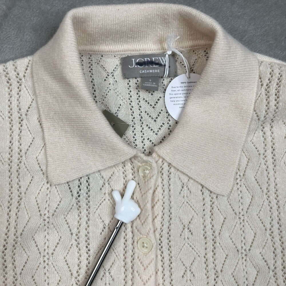 J.Crew Cashmere Cardigan Womens S Cream Pointelle Short Sleeve Collared - Picture 4 of 13
